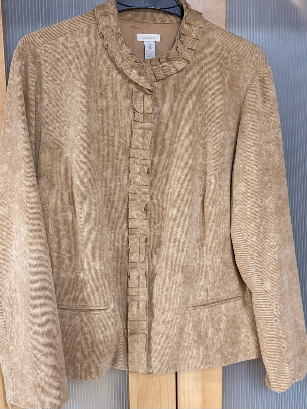Chico's Beige/Tan Ruffle-Trim Jacquard Blazer